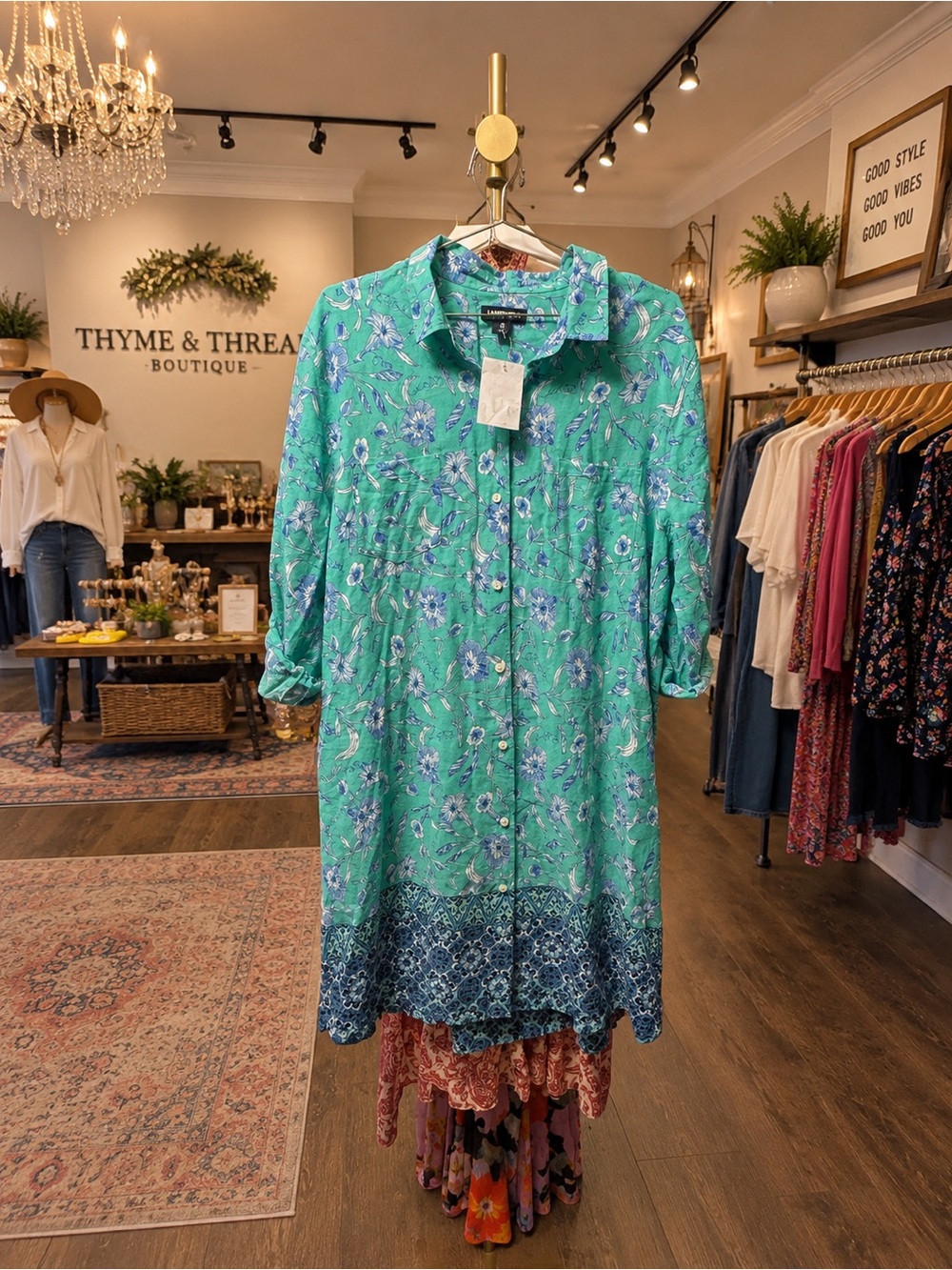 Lands' End Teal Floral Midi Shirt Dress
